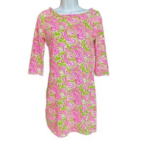 Gretchen Scott Pink And Green Paisley Sheath Dress Mini Crew Neck 3/4 Sleeve XXS